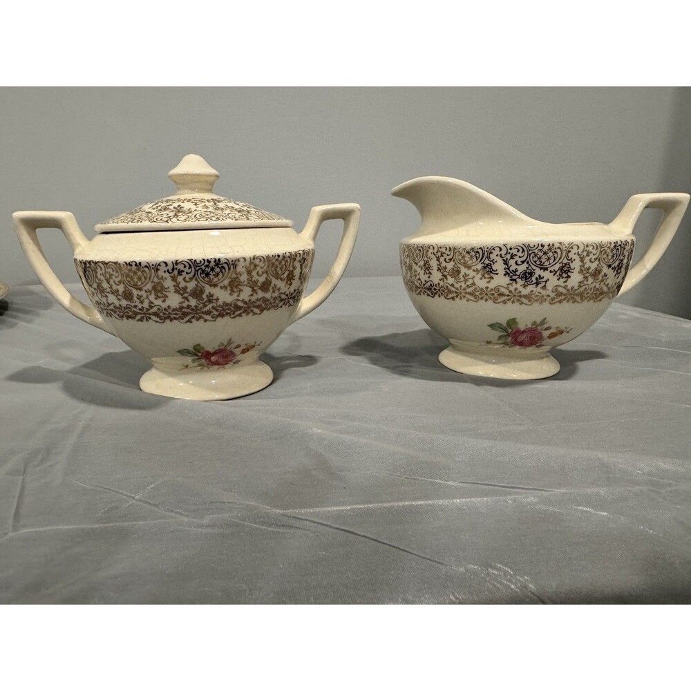 Vintage Creamer and Sugar Bowl Set w Lid Floral Gold Scroll Creamware